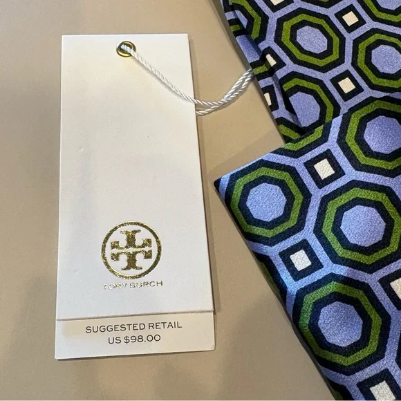 Tory Burch Silk Headband in Blue and Green Geometric Octagon Print. NWT. - Picture 5 of 8
